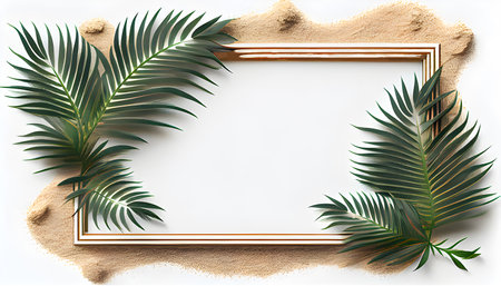 Photo frame, decorative leaves and sand on white background. copy space frame, Valentine's day, mother's day, women's day, spring concept, top view, generate aiの素材