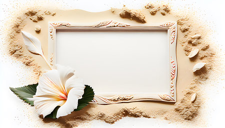 Photo frame, flower and sand decoration on white background. creasing space frame, Valentine's day, mother's day, women's day, spring concept, top view, generate aiの素材