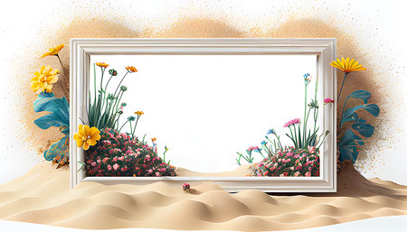 Photo frame, flower and sand decoration on white background. creasing space frame, Valentine's day, mother's day, women's day, spring concept, top view, generate aiの素材
