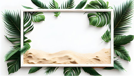 Photo frame, decorative leaves and sand on white background. copy space frame, Valentine's day, mother's day, women's day, spring concept, top view, generate aiの素材