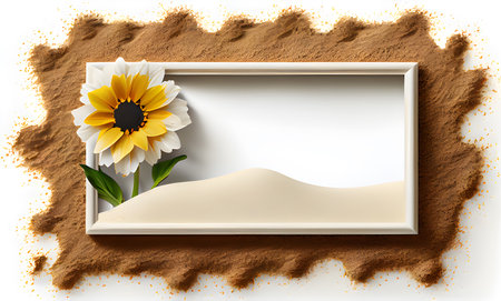 Photo frame, flower and sand decoration on white background. creasing space frame, Valentine's day, mother's day, women's day, spring concept, top view, generate aiの素材