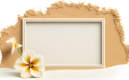 Photo frame, flower and sand decoration on white background. creasing space frame, Valentine's day, mother's day, women's day, spring concept, top view, generate aiの素材