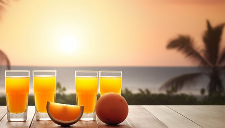 empty wooden table. decoration of juice glass and citrus fruits. sea and coconut tree background with sunset bokeh view, blur. copy space. For product display. template, media, print, etc. produce aiの素材