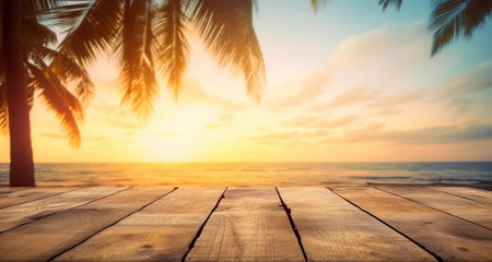 empty wooden table view. sea and coconut tree background with blurred bokeh sunset view. copy space. For product display. templates, media, printing, etc. produce aiの素材