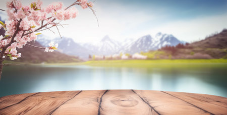 empty wooden table with spring cherry blossom decoration. Blurred bokeh mountain and lake view background. copy space. For product display. templates, media, printing, etc., generate aiの素材