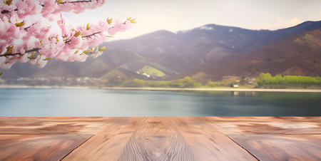 empty wooden table with spring cherry blossom decoration. Blurred bokeh mountain and lake view background. copy space. For product display. templates, media, printing, etc., generate aiの素材