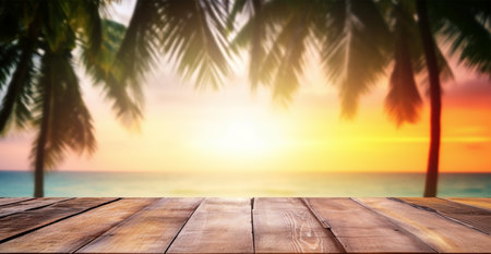 empty wooden table view. sea and coconut tree background with blurred bokeh sunset view. copy space. For product display. templates, media, printing, etc. produce aiの素材