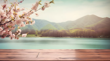 empty wooden table with spring cherry blossom decoration. Blurred bokeh mountain and lake view background. copy space. For product display. templates, media, printing, etc., generate aiの素材