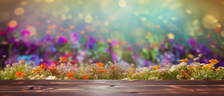 empty wooden table decorated with colorful flowers. Blurred bokeh spring background. copy space. For product display. templates, media, printing, etc., generate aiの素材