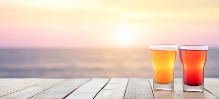 empty wooden table. decoration of juice glass and citrus fruits. sea background with bokeh sunset view, blur. copy space. For product display. template, media, print, etc. produce aiの素材