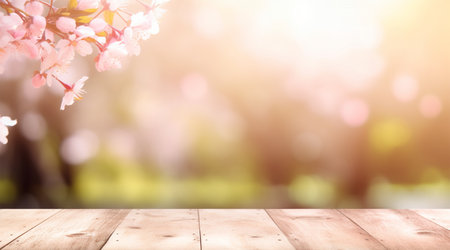 empty wooden table with cherry blossom decoration. blurred bokeh spring background. copy space. For product display. templates, media, printing, etc., generate aiの素材
