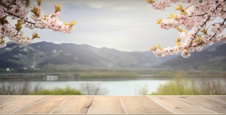 empty wooden table with spring cherry blossom decoration. Blurred bokeh mountain and lake view background. copy space. For product display. templates, media, printing, etc., generate aiの素材