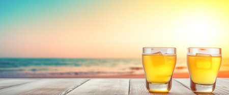 empty wooden table. decoration of juice glass and citrus fruits. sea background with bokeh sunset view, blur. copy space. For product display. template, media, print, etc. produce aiの素材