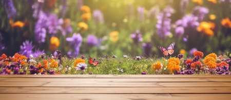 empty wooden table decorated with colorful flowers and butterflies. Blurred bokeh spring background. copy space. For product display. templates, media, printing, etc, generate aiの素材