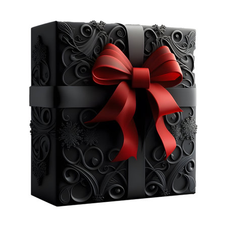 black gift box with red ribbon wrap. elegant and luxurious. celebration elements. for christmas, birthday, anniversary, new year, sale, etc, generate aiの素材