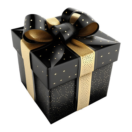 black gift box with gold ribbon wrap. elegant and luxurious. celebration elements. for christmas, birthday, anniversary, new year, sale, etc, generate aiの素材