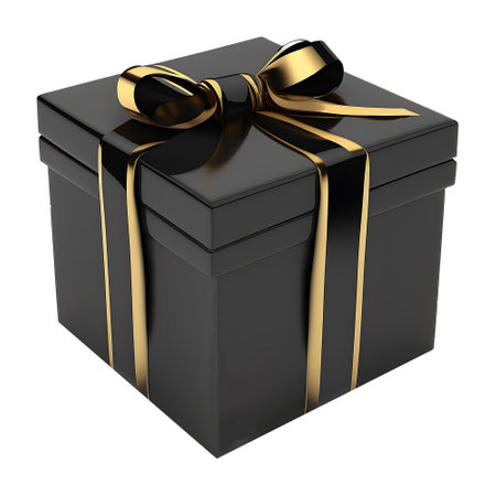 black gift box with gold ribbon wrap. elegant and luxurious. celebration elements. for christmas, birthday, anniversary, new year, sale, etc, generate aiの素材