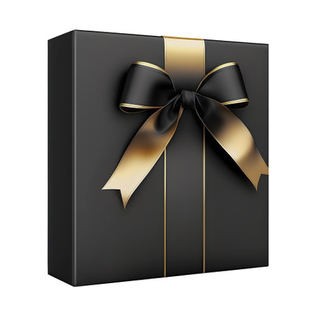 black gift box with gold ribbon wrap. elegant and luxurious. celebration elements. for christmas, birthday, anniversary, new year, sale, etc, generate aiの素材