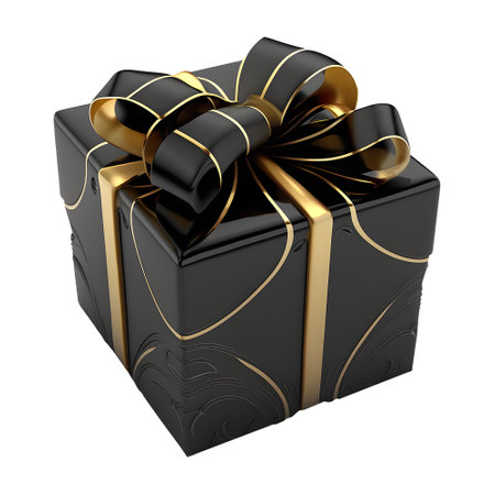 black gift box with gold ribbon wrap. elegant and luxurious. celebration elements. for christmas, birthday, anniversary, new year, sale, etc, generate aiの素材