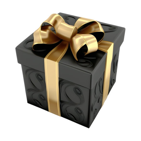 black gift box with gold ribbon wrap. elegant and luxurious. celebration elements. for christmas, birthday, anniversary, new year, sale, etc, generate aiの素材