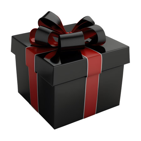 black gift box with red ribbon wrap. elegant and luxurious. celebration elements. for christmas, birthday, anniversary, new year, sale, etc, generate aiの素材