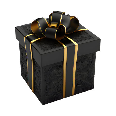black gift box with gold ribbon wrap. elegant and luxurious. celebration elements. for christmas, birthday, anniversary, new year, sale, etc, generate aiの素材
