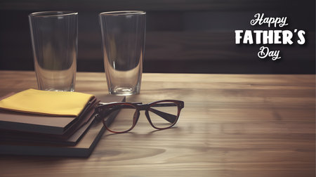 empty table template, decorative glasses, books, and sunglasses, blurred wooden wall background with copy space, fathers day concept, generative aiの素材