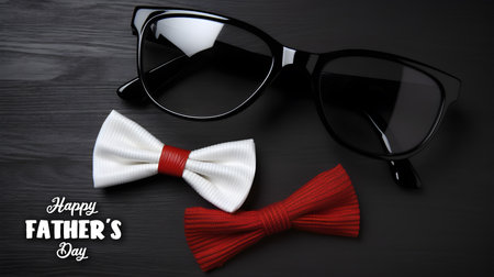 father's day greeting card, decorative tie, paper and glasses, against black wooden wall background, generative aiの素材