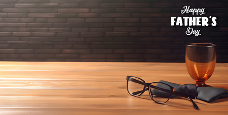 empty table template, decorative glasses, ties, and sunglasses, blurred brick wall background with copy space, fathers day concept, generative aiの素材