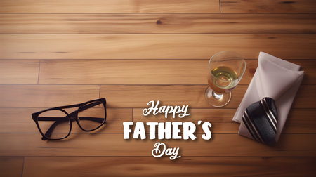 father's day greeting card, decorative tie, glasses and sunglasses, against wooden wall and copy space background, generative aiの素材