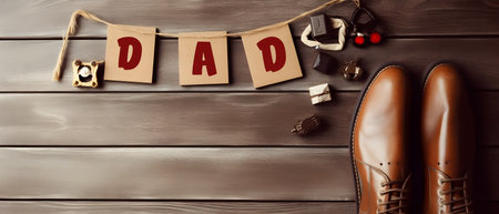 father's day greeting card, decorative baubles, against a wooden wall and copy space background, generative aiの素材