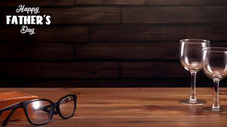empty table template, decorative glasses and sunglasses, blurred wooden wall background with copy space, fathers day concept, generative aiの素材