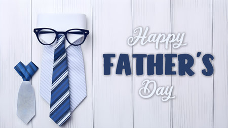 father's day greeting card, decorative tie and glasses, against white wooden wall background, generative aiの素材