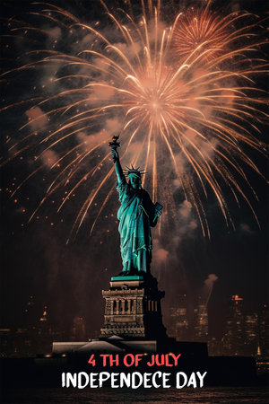 background view of liberty statue in the middle of the sea and fireworks decoration, concept of celebrating american independence day, generate aiの素材