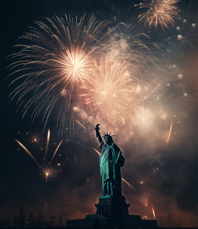 background view of statue of liberty and fireworks, concept of celebrating united states independence day, generate aiの素材