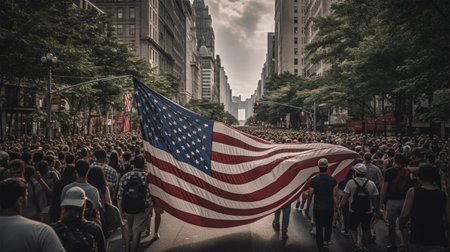 photo of crowd of people walking in city, concept background celebrating american independence day, generated aiの素材