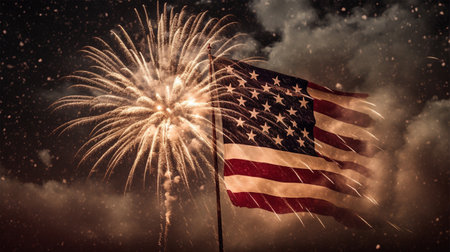 american flag background with fireworks decoration, USA independence day concept, generate aiの素材