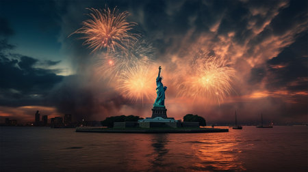 background view of liberty statue in the middle of the sea and fireworks decoration, concept of celebrating american independence day, generate aiの素材