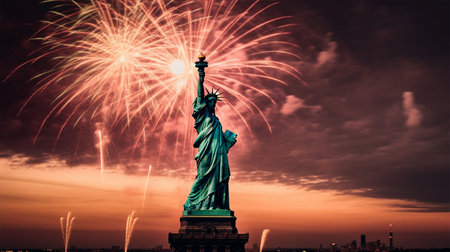 background view of statue of liberty and fireworks decoration, concept of celebrating american independence day, generated aiの素材