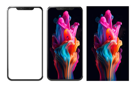 Realistic mobile phone mockup and colorful liquid paint explosion abstract wallpaper, ai generatedの素材