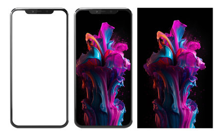 Realistic mobile phone mockup and colorful liquid paint explosion abstract wallpaper, ai generatedの素材