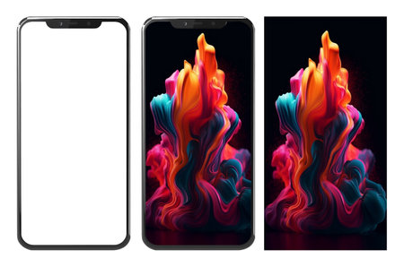 Realistic mobile phone mockup and colorful liquid paint explosion abstract wallpaper, ai generatedの素材