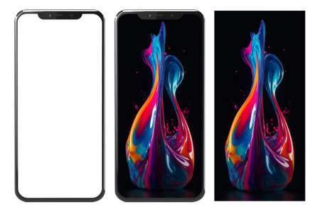 Realistic mobile phone mockup and colorful liquid paint explosion abstract wallpaper, ai generatedの素材
