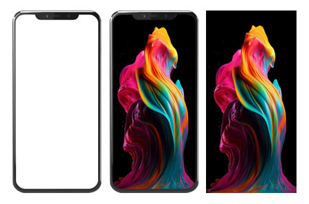 Realistic mobile phone mockup and colorful liquid paint explosion abstract wallpaper, ai generatedの素材