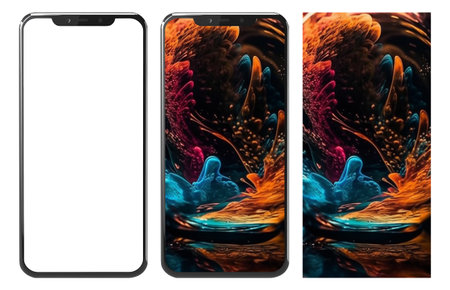 Realistic mobile phone mockup and colorful liquid paint explosion abstract wallpaper, ai generatedの素材
