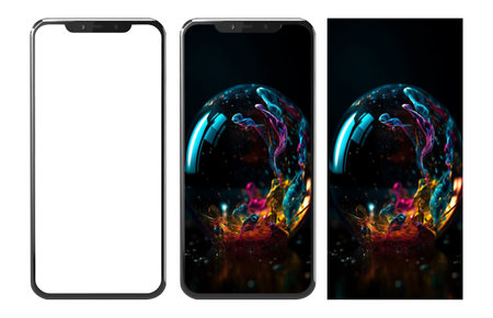 Realistic mobile mockup and crystal ball wallpaper with colorful fluid abstract, ai generatedの素材