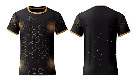 black sport shirt mockup with golden abstract pattern, front and back view, generative aiの素材
