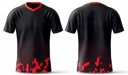 black sport shirt mockup with red abstract pattern, front and back view, generative aiの素材