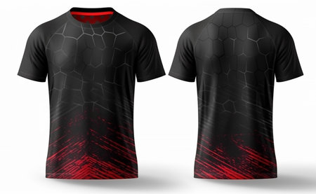 black sport shirt mockup with red abstract pattern, front and back view, generative aiの素材