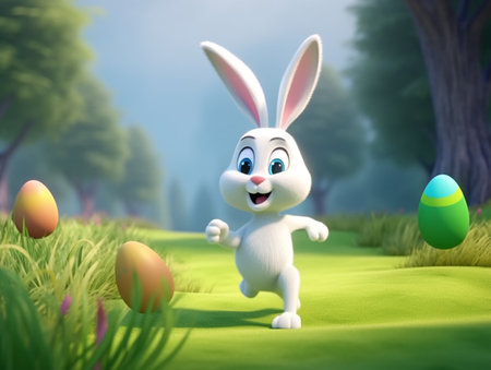 easter day poster, cute bunny character running smiling happily, decorated with scenery and easter eggs. generative aiの素材